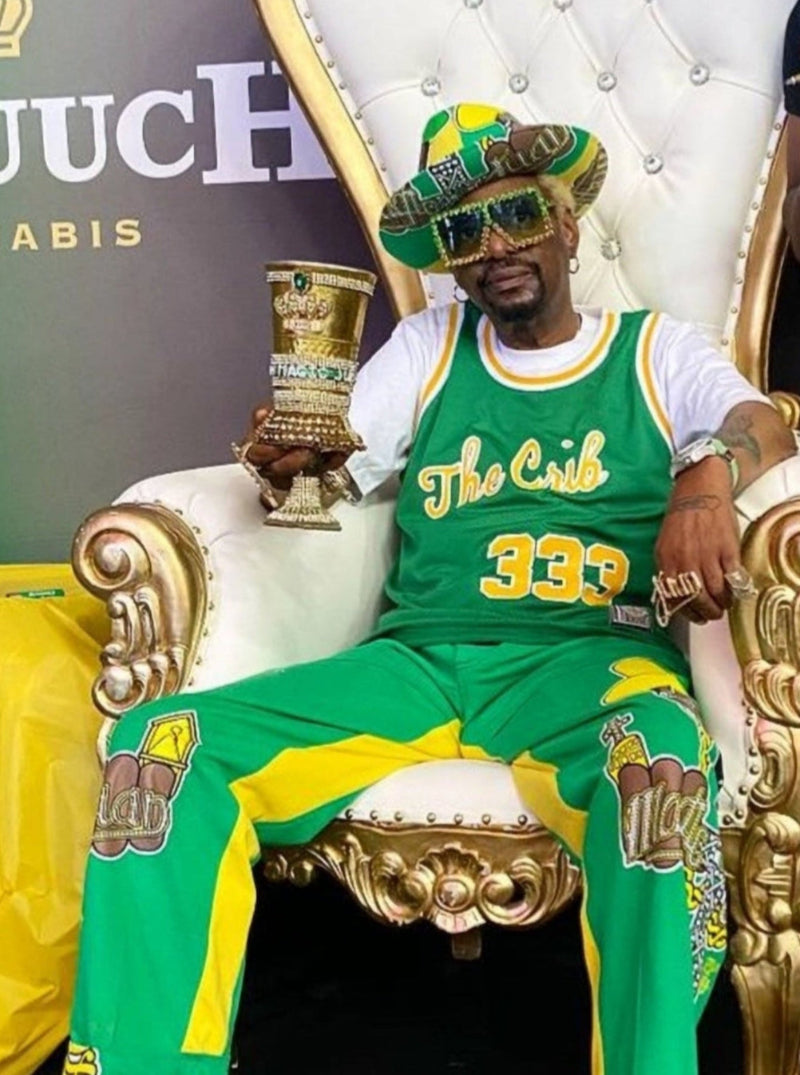 Don Juan in green and yellow The Crin Jersey on an ornate chair